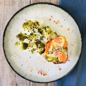 Pimientos rellenos vegetarianos con puré de brocoli