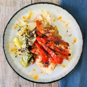 Creppes de zanahoria y castañas con champiñón, morrón y zuccinnis asados