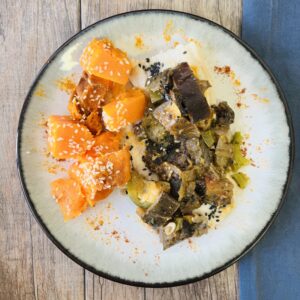 Gatuzo y caponatta con calabaza caramelizada